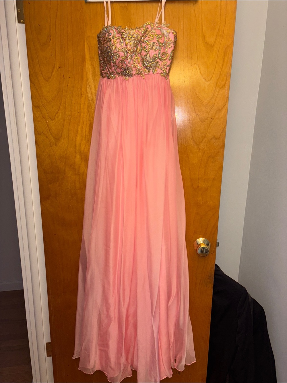 La Femme Pink Strapless Beaded Bodice Evening Gown